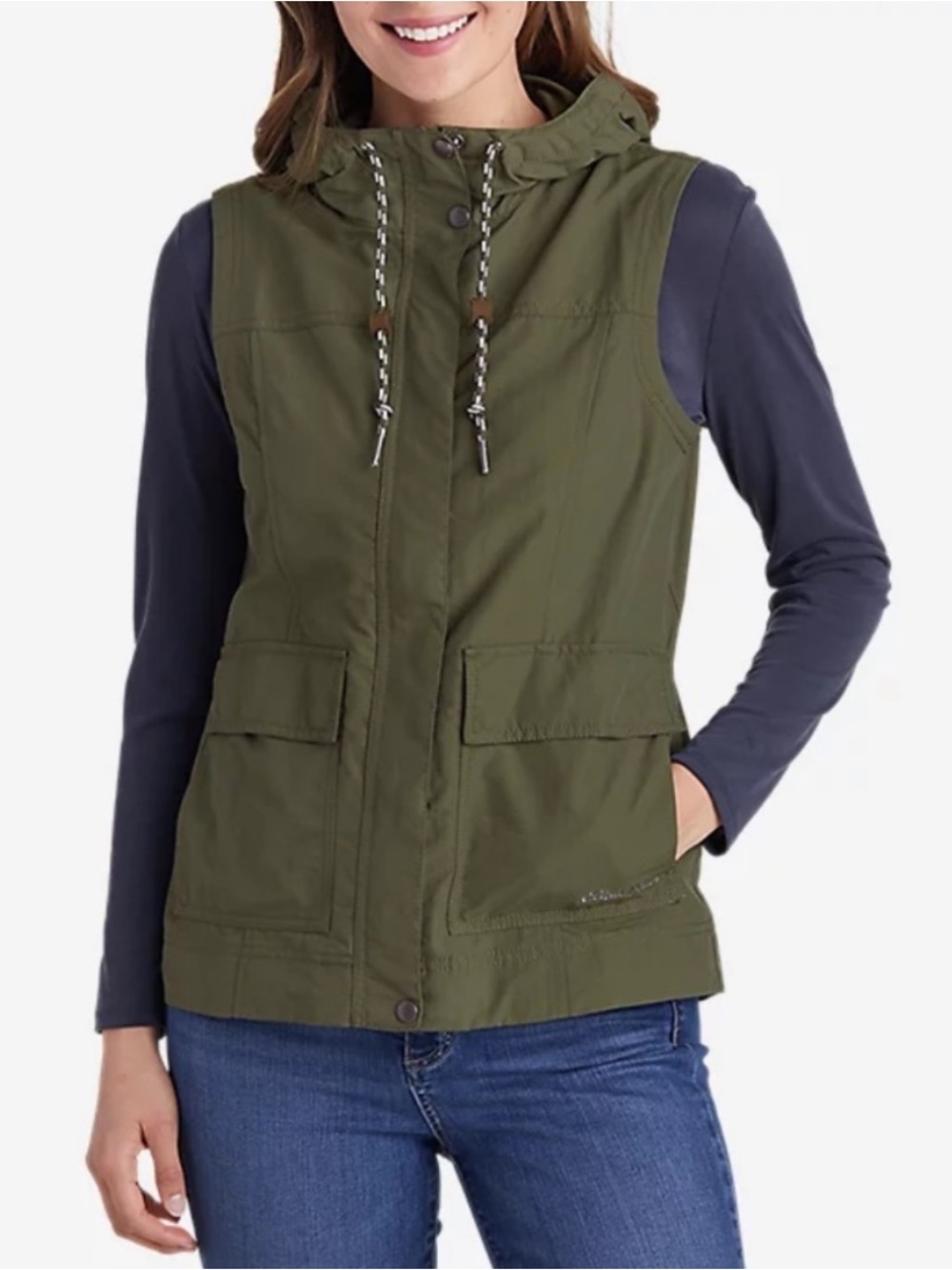 Eddie Bauer Olive Hooded Utility Jacket Vest